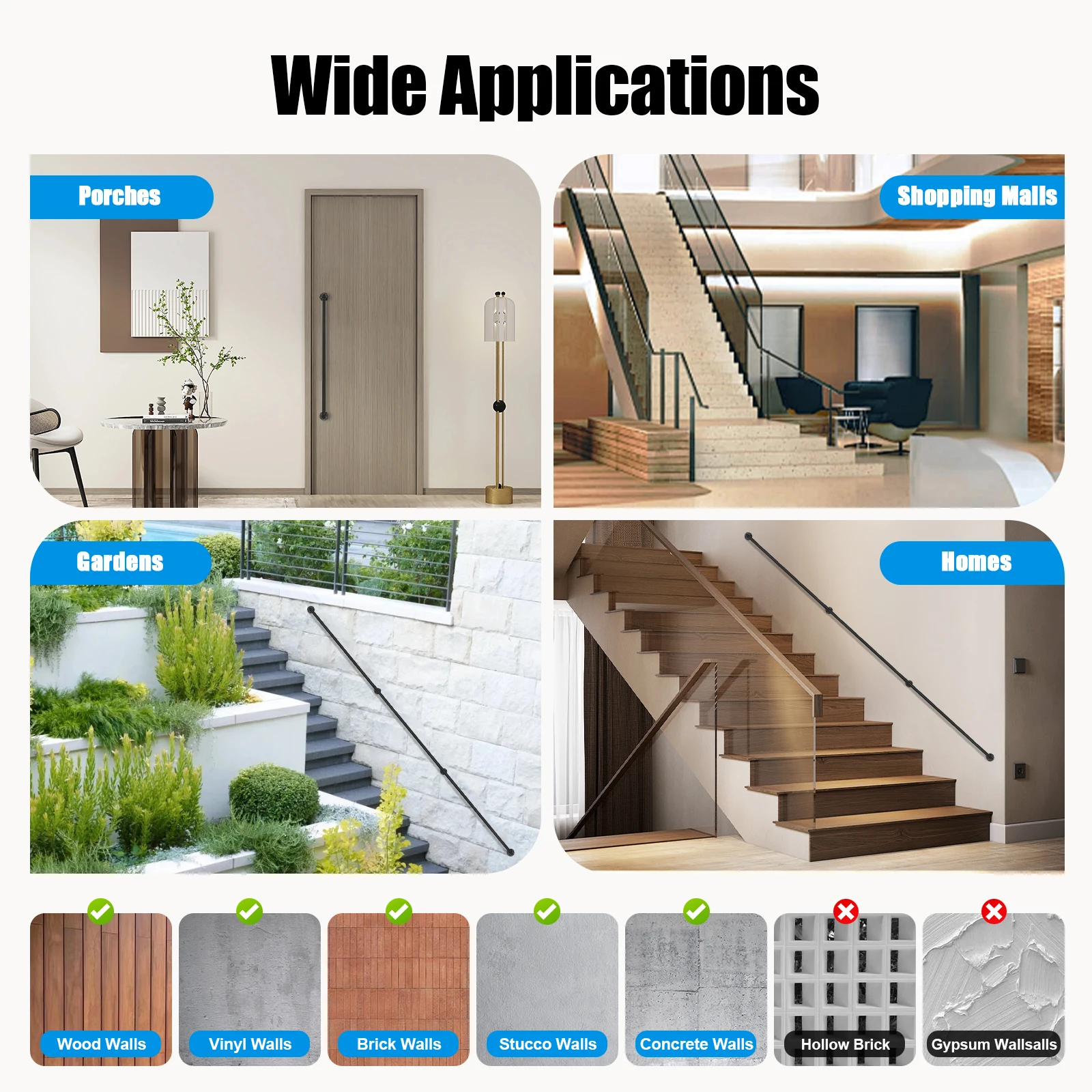 12 Feet Handrails for Stairs, Galvanized Industrial Pipe Railing Indoor Pipe Stair Railing with Wall Mount Support, Round Corner