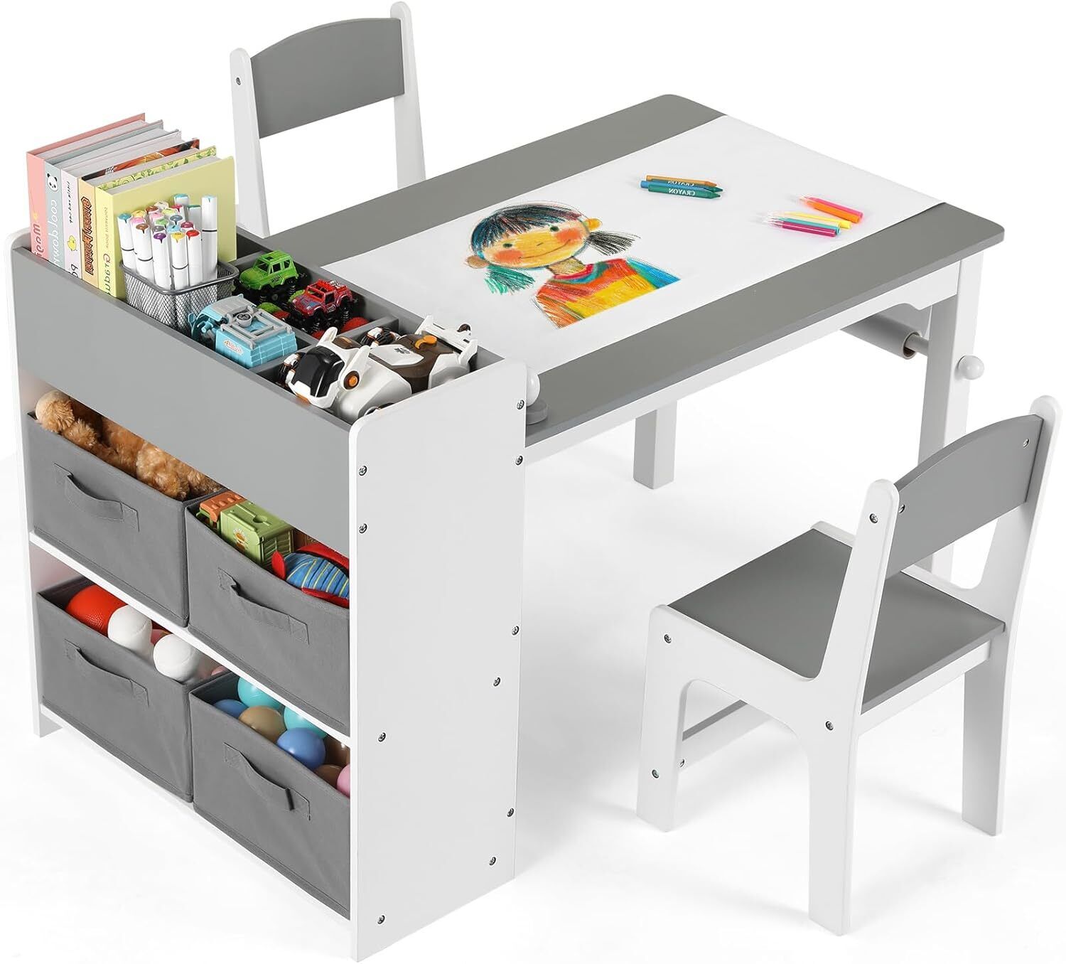 Table d'art pour enfants et 2 chaises, table de jeu artisanale pour tout-petits avec bacs de rangement, rouleau de papier