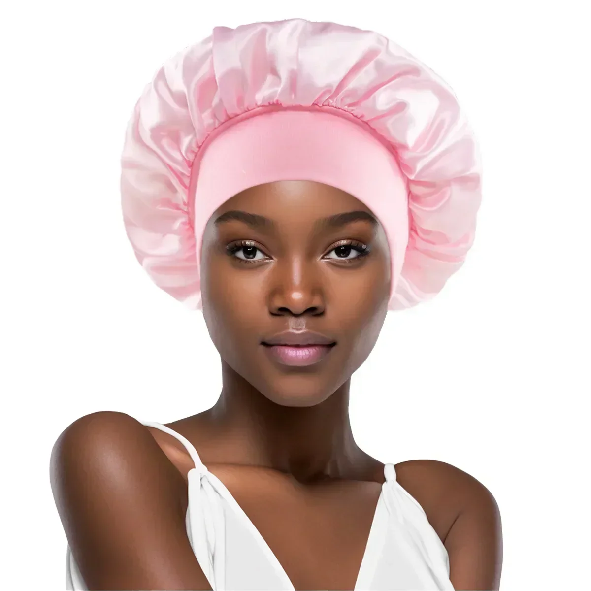 Gorro unisex con banda elástica para la cabeza, gorro de noche con ala, gorro de baño, capó sedoso de satén Extra grande para dormir con banda elástica de primera calidad