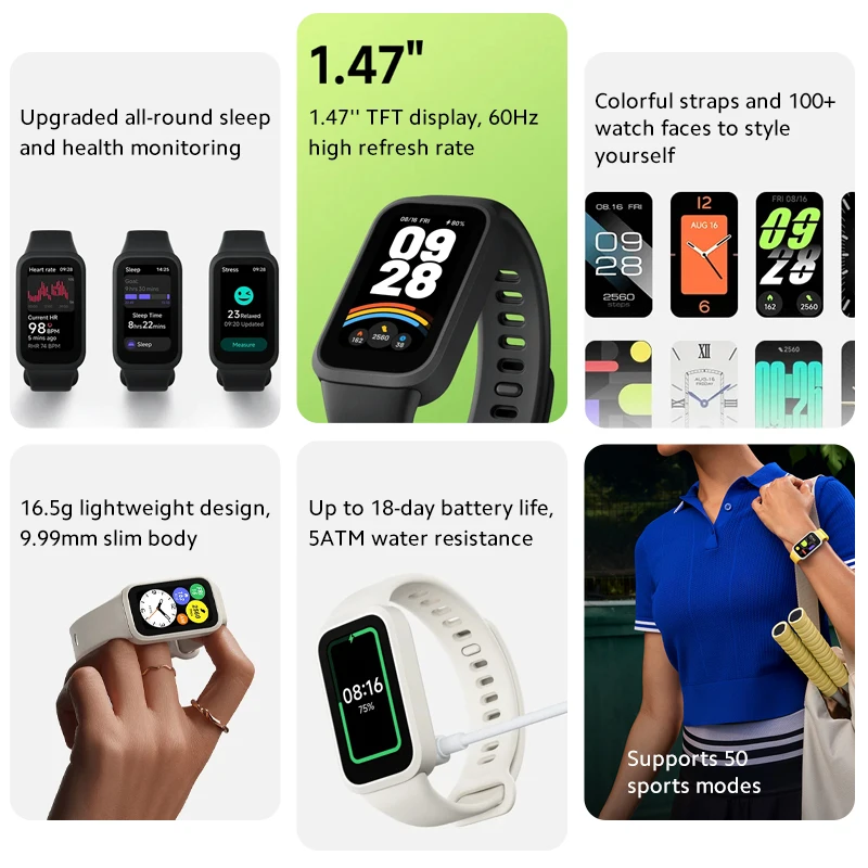 In stock Global Version Xiaomi Smart Band 9 active 1.47'' TFT display 100+ watch faces Up to 18-day battery life 5ATM water