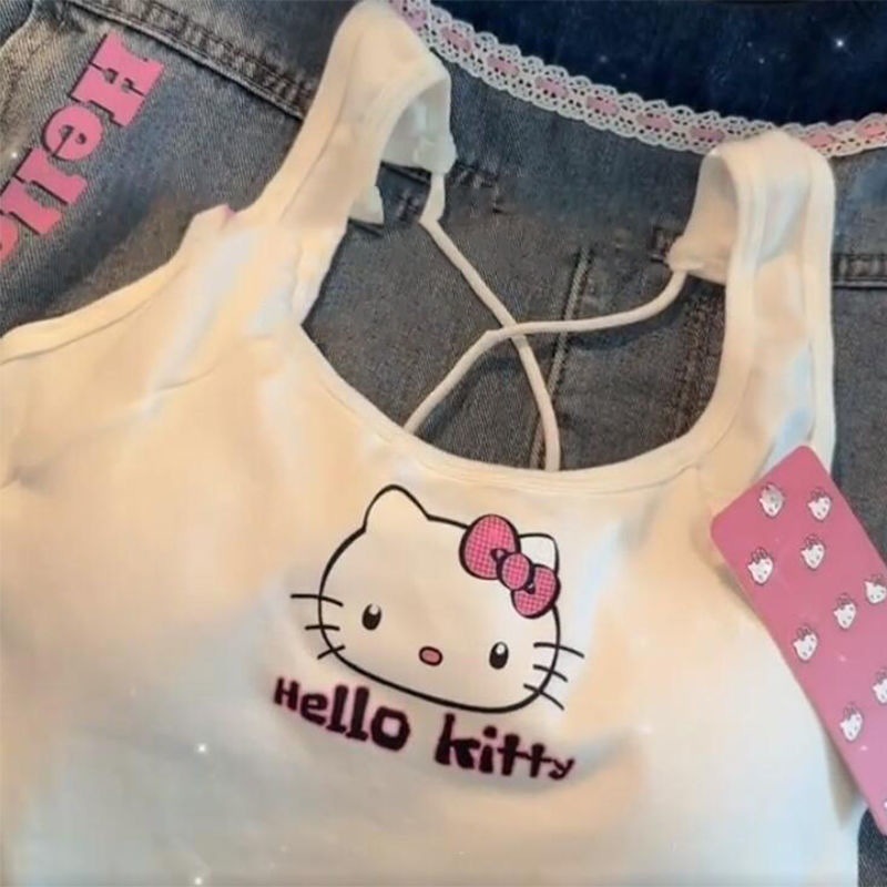 Sanrio Modekleidung Hello Kitty Top mit Brustpolster Süßes Mädchen Sommer Cool Cut Top Weiß Sexy Hosenträger Mädchen Geburtstagsgeschenk