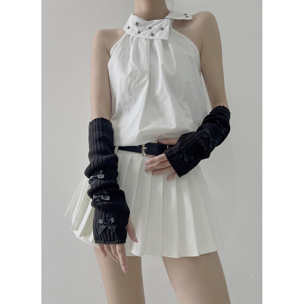 Lolita bowknot aquecedores de braço japonês harajuke y2k doce malha manga longa luvas sem dedos góticas para mulher