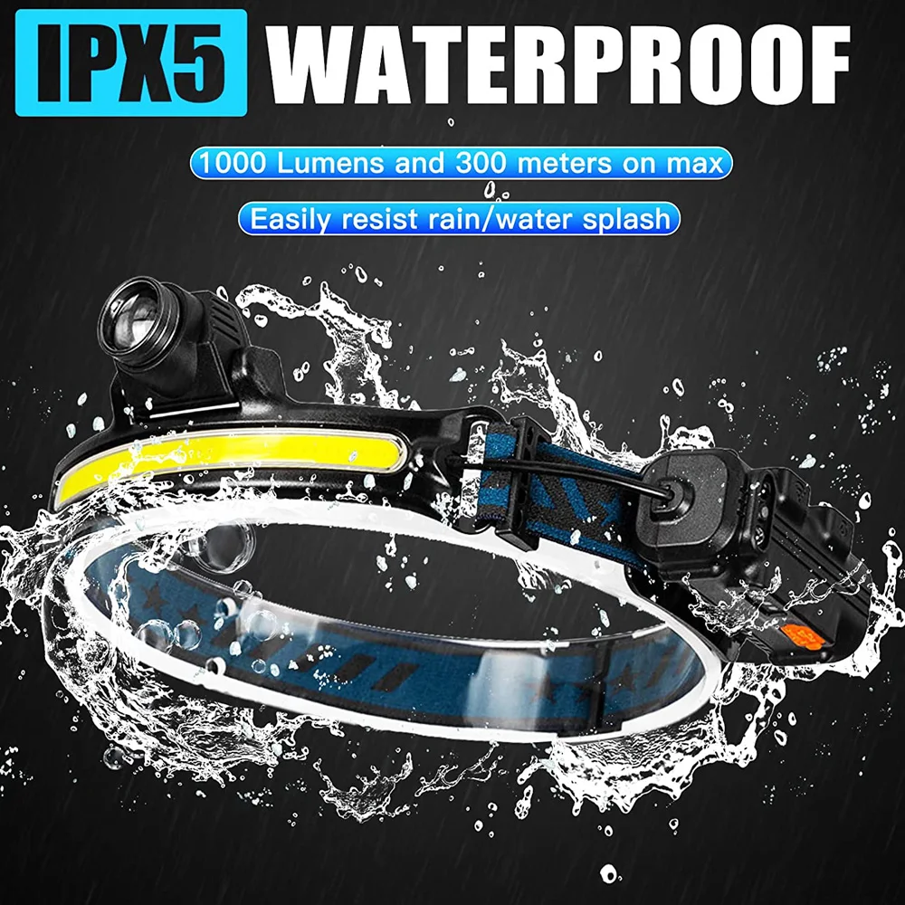 Linterna frontal de inducción XPG + COB LED, linterna para cabeza con batería integrada, linterna frontal multifunción recargable por USB de 6 modos