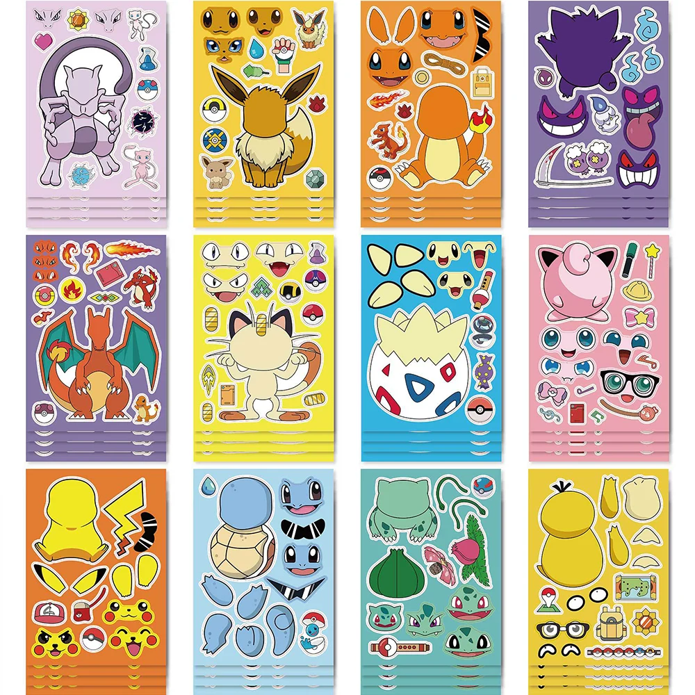 6/8/12/16 แผ่น Pokemon ปริศนาสติกเกอร์เด็ก Make a Face Pikachu Gengar อะนิเมะประกอบจิ๊กซอว์เด็ก DIY เกมตกแต่ง