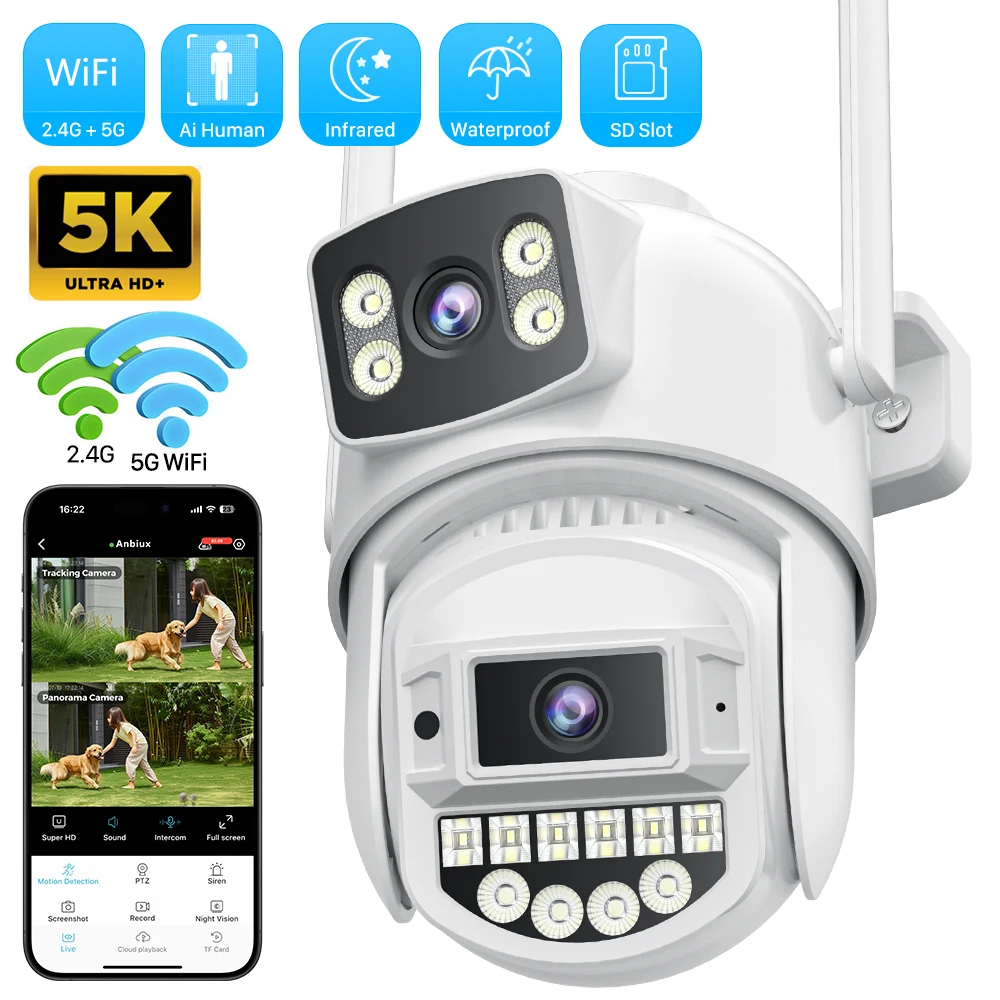Cámara de vigilancia WiFi de 5GHz, 4K, 8MP, lente Dual, detección humana AI, cámaras IP PTZ de seguridad para exteriores, intercomunicador bidireccional de 10MP, cámara CCTV