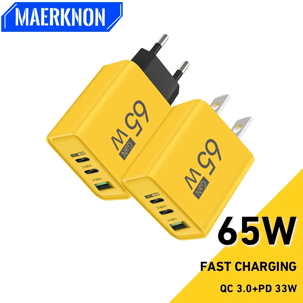 65 W GaN USB PD Ladegerät 3 Ports Typ C Schnelllade-Handy-Adapter für iPhone 15 Samsung Xiaomi Schnelllade-Wandladegerät