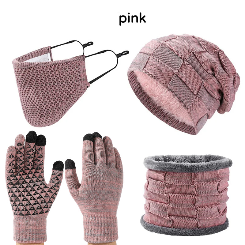 Autumn Winter Men Fleece-Lined Knitted Hat+Scarf+Mask+Gloves 4 Pieces Set Women Soft Thick Warm Multi Piece Set