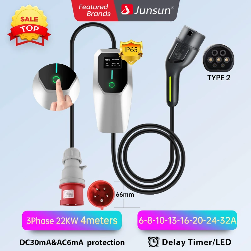 Junsun-cargador ev wallbox plateado, enchufe de carga rápida para coche tipo 2, 7kw, 3,5kw, 11KW, 22KW, 6A/8A/10A/13A/16A/20A/24A/32A cargador coche dispositivos eléctricos de coche tipo 2 cargador cable carga coche ti