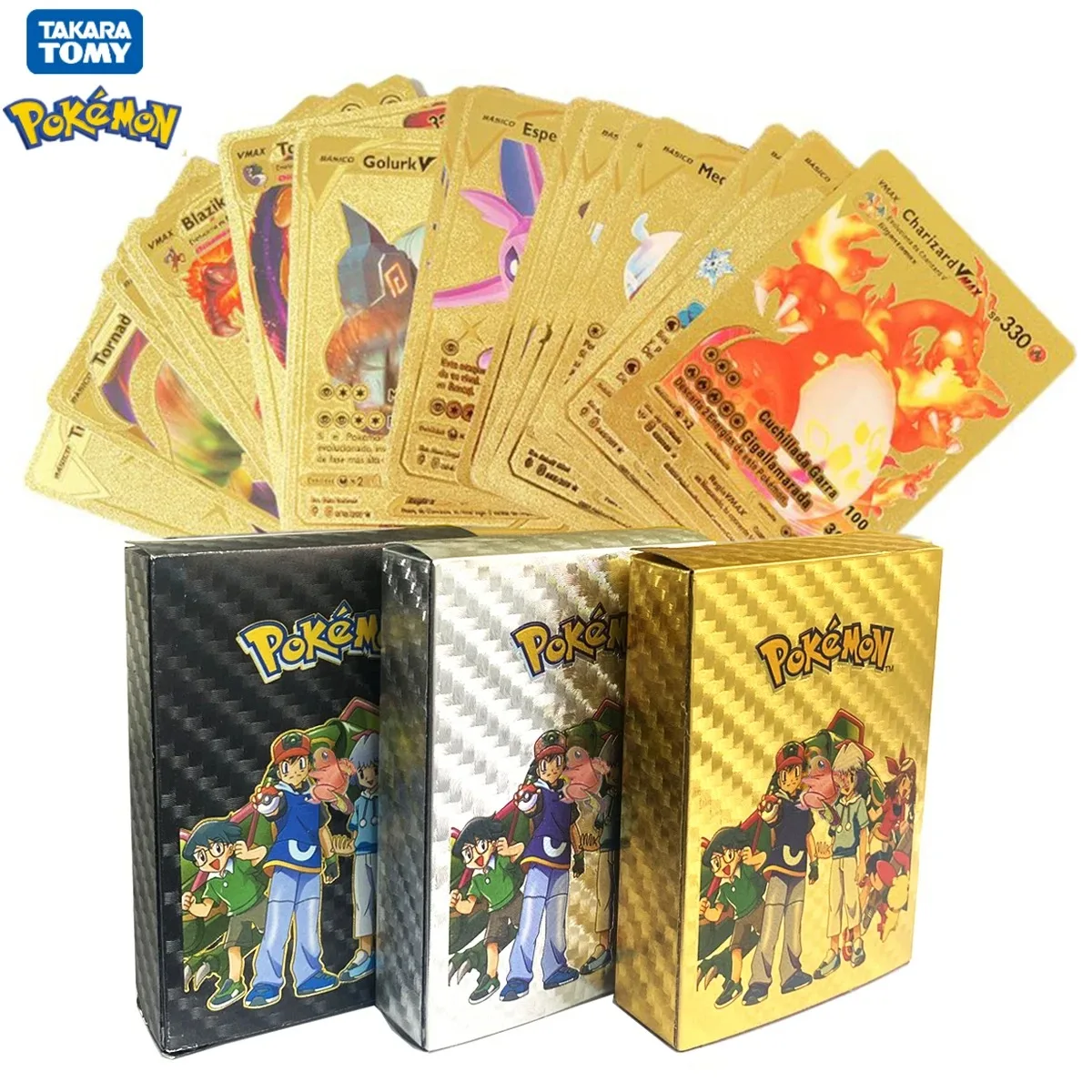 27-110pcs การ์ด Pokemon NoRepeat ภาษาอังกฤษสเปนฝรั่งเศสเยอรมันทอง VAMX GX Pikachu Charizard Collection Battle TRAINER การ์ดของเล่น