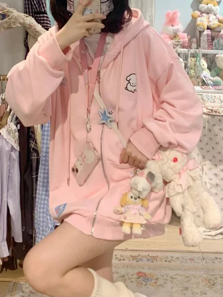 ADAgirl Kawaii Zip Up ผู้หญิง Hoodie สีชมพู Harajuku Cutecore Hooded ขนาดใหญ่เสื้อเกาหลีขนแกะแขนยาว Girly Tops