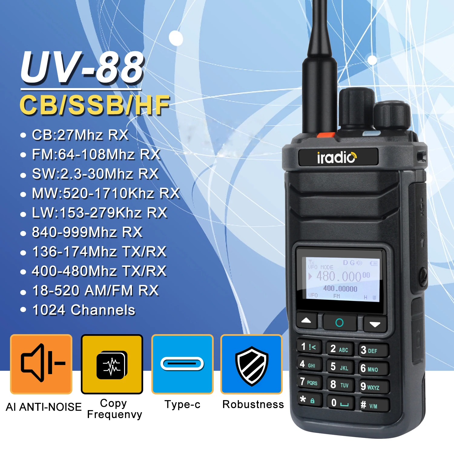 Iradio UV-88 Multi banda Ham Radio HF UHF VHF Walkie Talkie AM USB LSB CW CB LW MW SW SSB RX 1024Ch USB-C batería RT-860 variante
