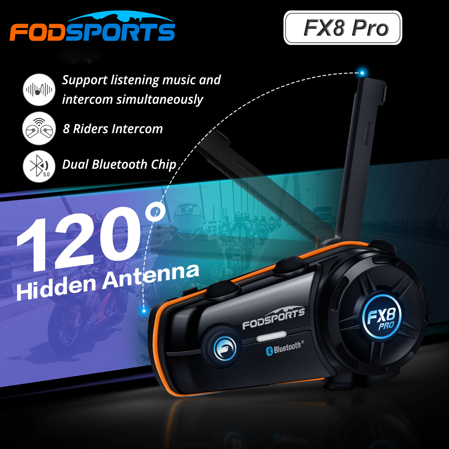 Fodsports FX8 Pro Intercom Motorcycle Helmet Headsets 8 Riders Dual Bluetooth Intercomunicador Moto Music Share Interphone