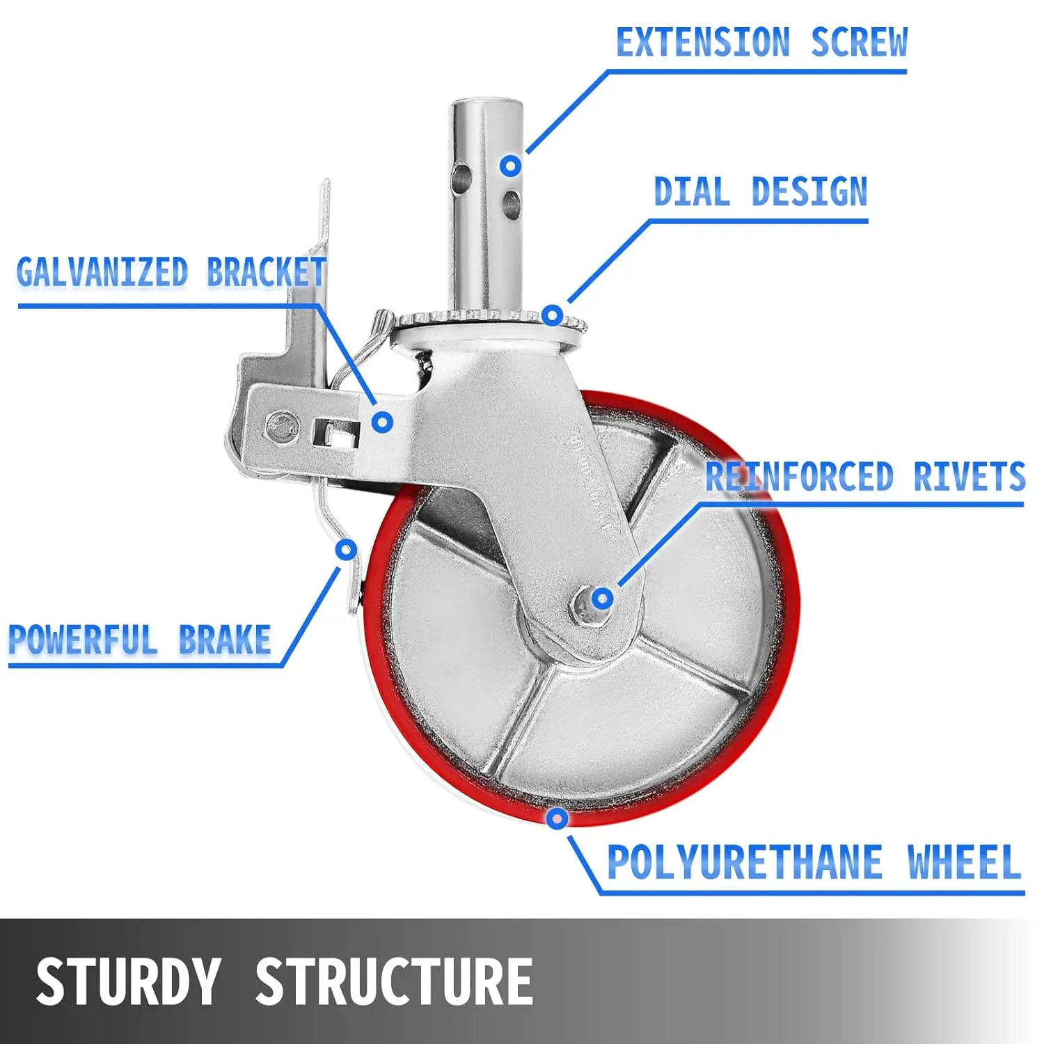 Scaffolding Wheels Set, Heavy Duty 4-Pack 8" Scaffolding Casters, with 4400 Lbs Per Set and Locking Stem Casters with Brake