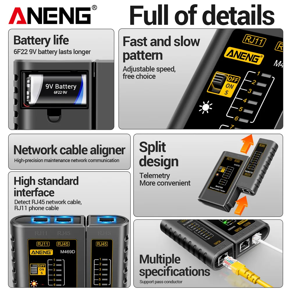 ANENG M469D สาย LAN เครื่องทดสอบเครื่องทดสอบสายเคเบิลเครือข่าย RJ45 RJ11 RJ12 CAT5 UTP LAN เครื่องทดสอบสายเคเบิลเครือข่ายเครื่องมือเครือข่ายซ่อม
