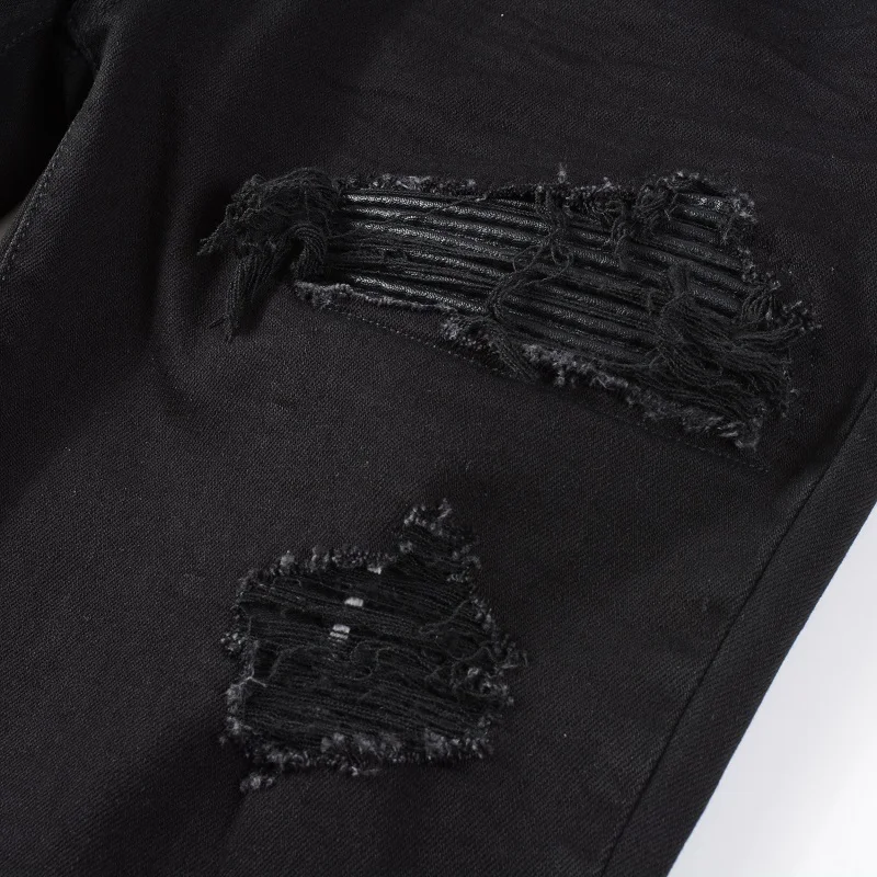 ผู้ชายหนัง Patch Biker กางเกงยีนส์สําหรับรถจักรยานยนต์ Streetwear หลุม Ripped Patchwork ยืดกางเกงยีนส์กางเกงสีดําผอมกางเกงเรียว