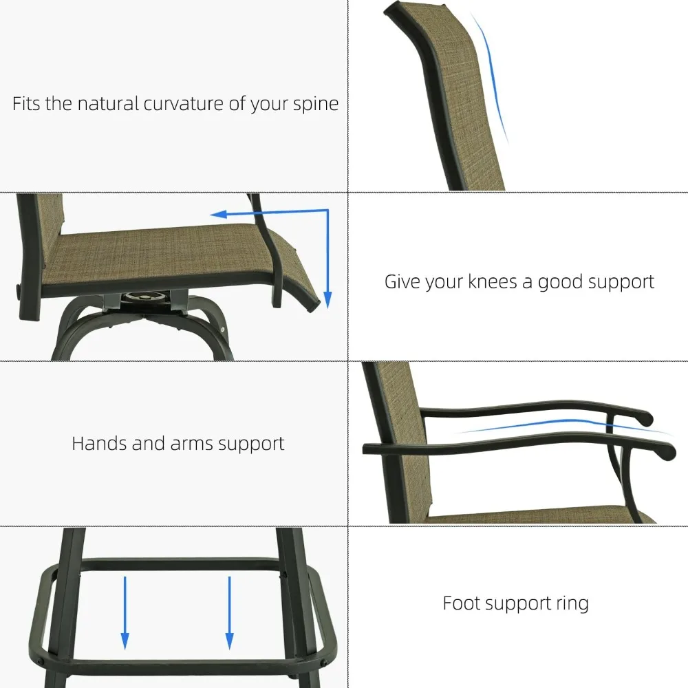 4 Piece Tall Patio Swivel Bar Stools Sei of 4, Outdoor High Back Bar Height Chairs with Footrest - Brown Sling