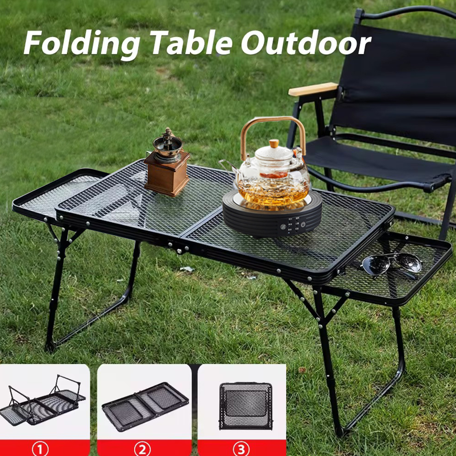 Mesa de acampamento mesa dobrável de malha de ferro portátil acampamento ao ar livre com prateleira de elevação mesa de jantar de liga de alumínio