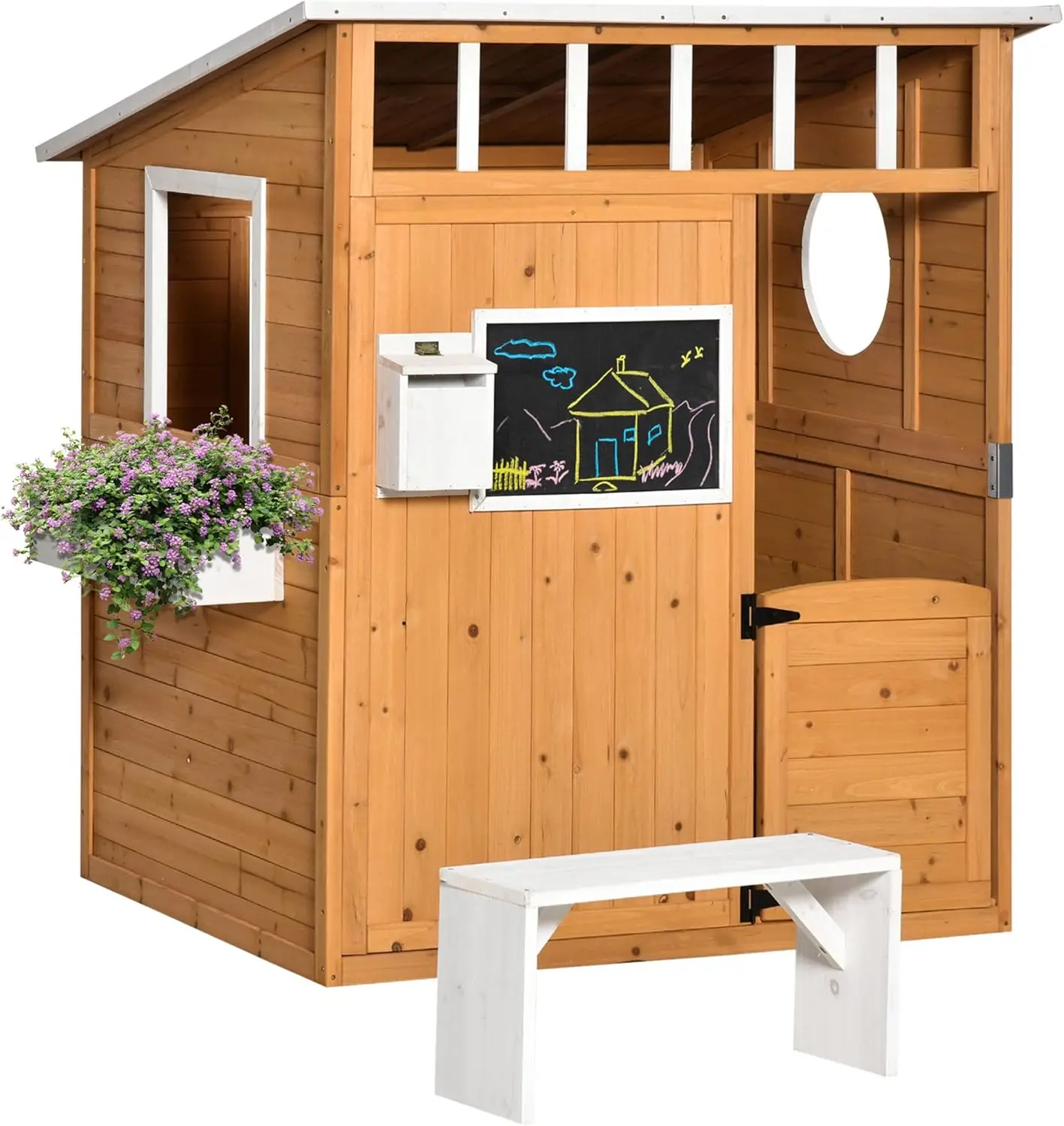 Outsunny Wooden Playhouse for Kids Outdoor with Working Door, Windows, Mailbox, Bench, Flowers Pot Holder, 48" x 42.5" x 53"