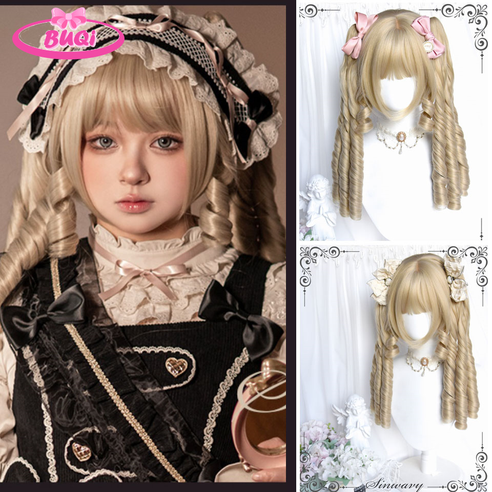 Buqi-合成ミドル丈ウィッグ,カラーブラック,パープル,ハイライト付き,ロリータ,コスプレ,耐性