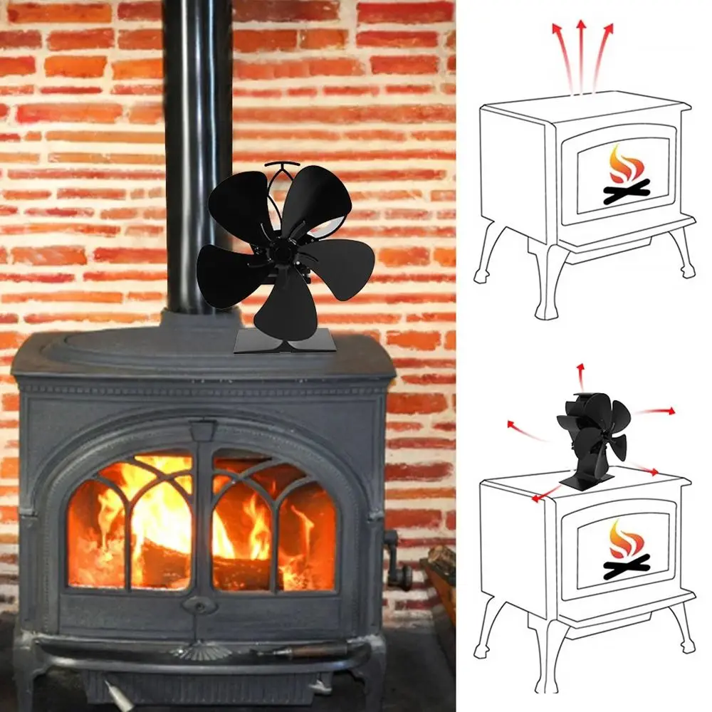 5ใบมีด Fire ความร้อนสีดำประหยัดพลังงาน Eco Log Burner เตาไม้พัดลมระบายความร้อน Powered เตาผิงพัดลม