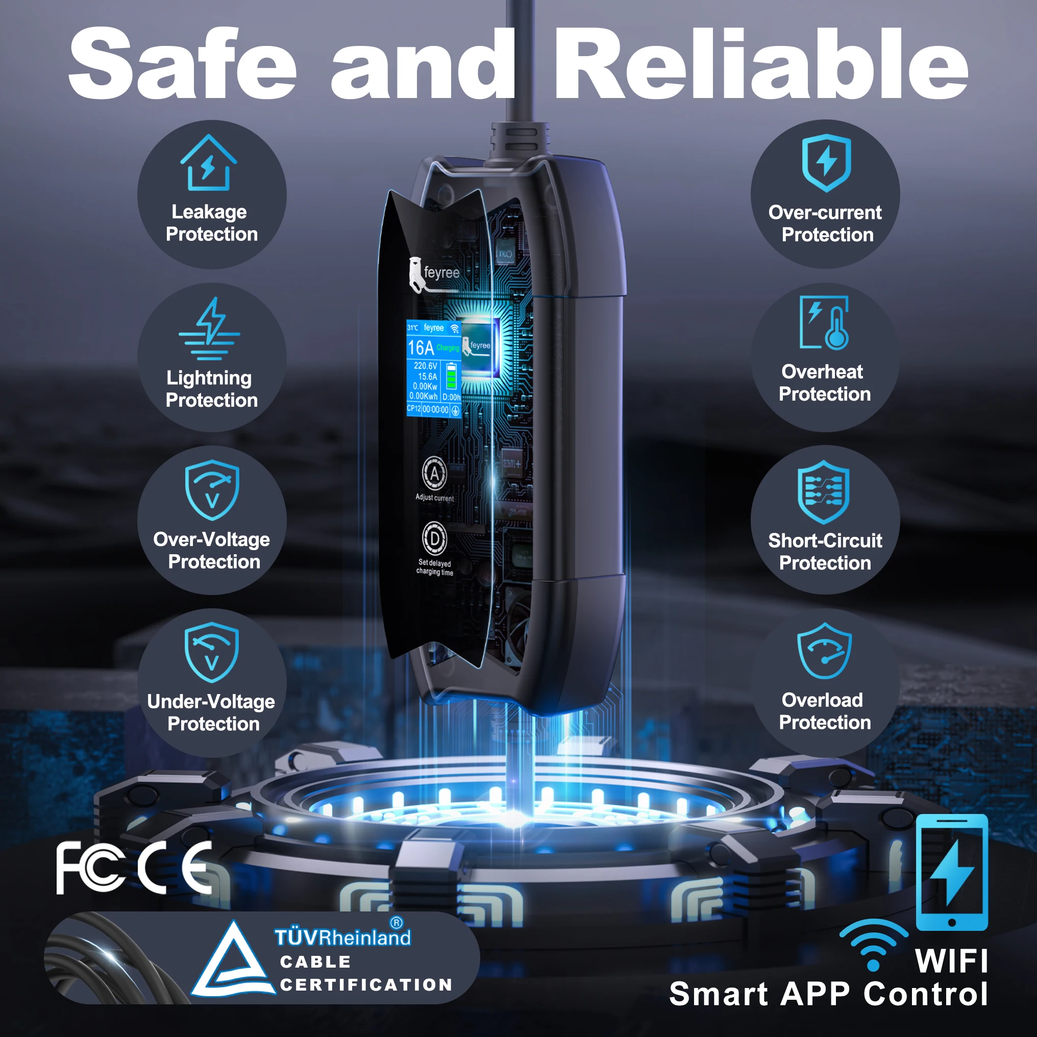 feyree Type2 EV 充電器 WIFI APP 制御 16A 3.5KW GBT 5M ケーブル Type1 ポータブル充電ボックスセット EV 車用充電 & 遅延時間