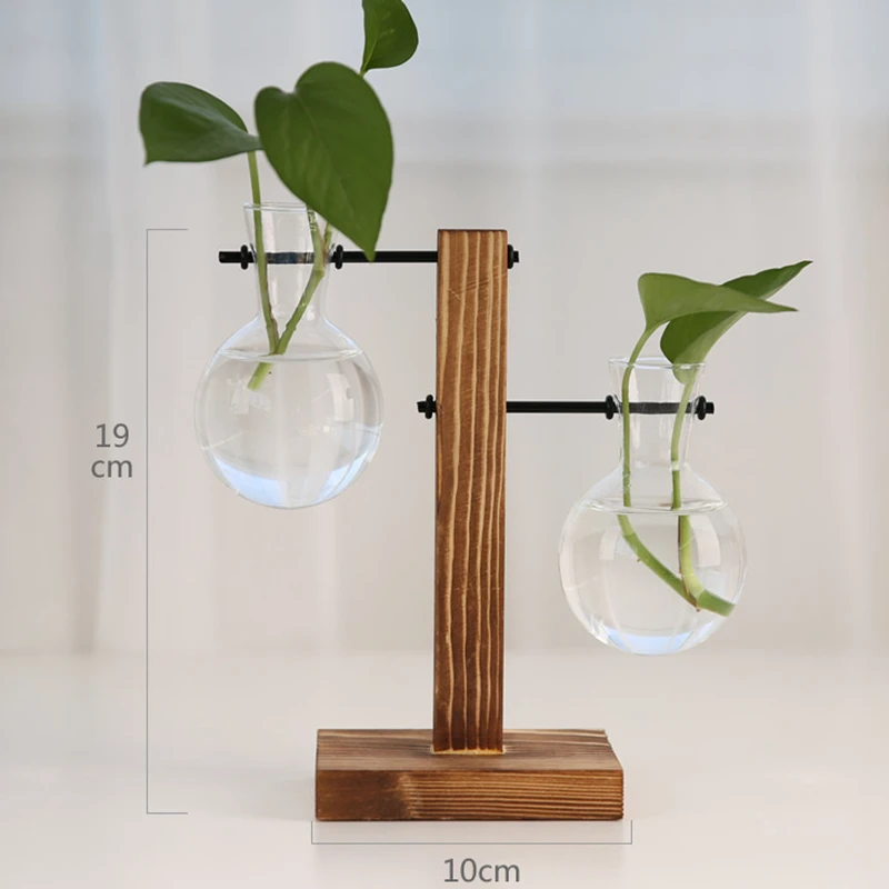 Vaso hidropônico criativo com moldura de madeira, vaso de vidro de abacaxi verde, recipiente de arranjo de flores, decoração de mesa, decoração de casa