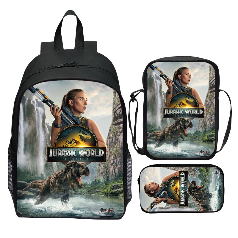 새로운 쥬라기 세계 3 조각 세트 배낭 만화 쥬라기 세계 다시 태어난 학생 배낭 어깨 가방 펜 가방