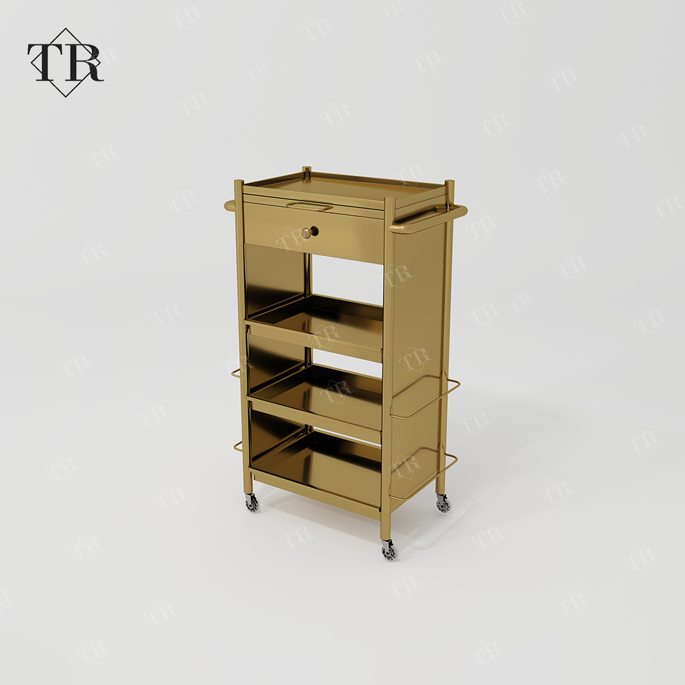Turri 메이크업 트롤리 카트, 스테인리스 스틸 금속, 금도금 살롱, 이발사 트롤리, 래쉬 뷰티용 방향 바퀴 포함