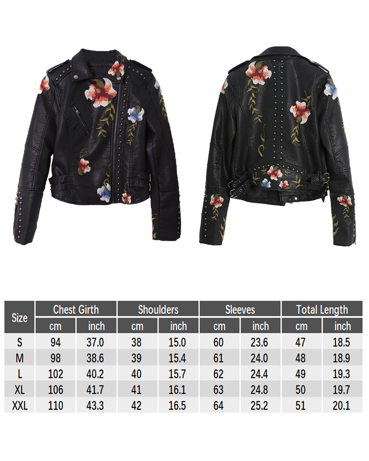 Damen-Moto-PU-Jacke mit Blumenstickerei, Kunstleder, Biker-Bombermantel