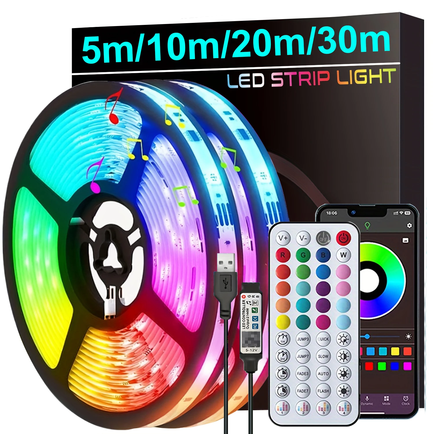 Tira de luces LED con sincronización de música, luces Led para habitación con Control por aplicación, cinta de luces flexibles para decoración de fiesta en casa, retroiluminación de TV