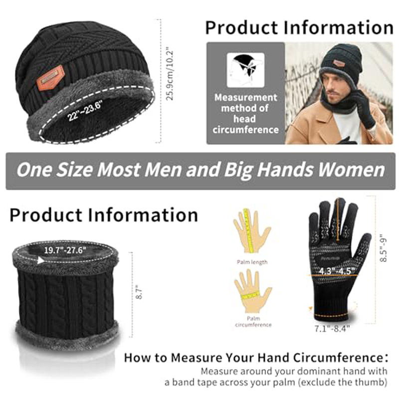 Men's Winter Knitted Beanie Hat, Neck-Warming Scarf, and Touchscreen Glove Set with Wool-Lined Skull Cap