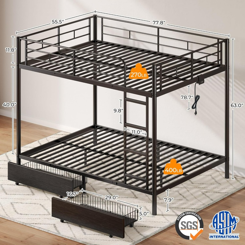 Metal Bunk Bed Full Over Full with USB Charging Station, 2 Storage Drawers, Bed with Safety Guardrail & Ladders, LED Bunk Bed
