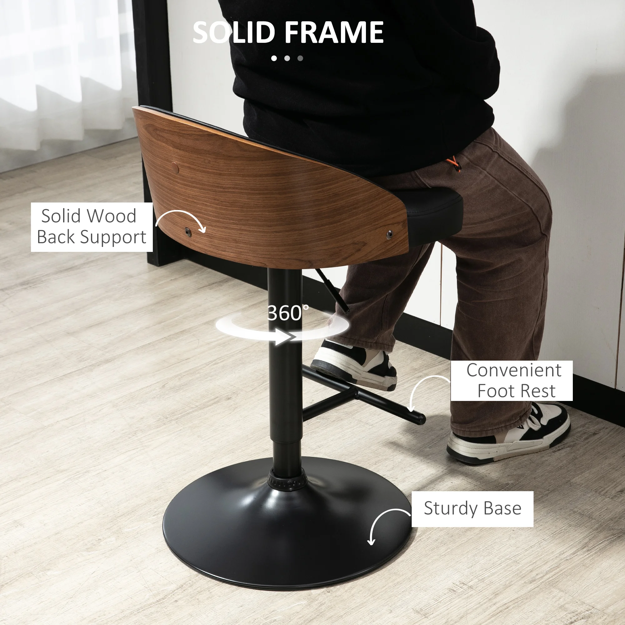HOMCOM Juego de 2 taburetes de bar, taburete de bar giratorio con reposapiés, altura regulable, madera