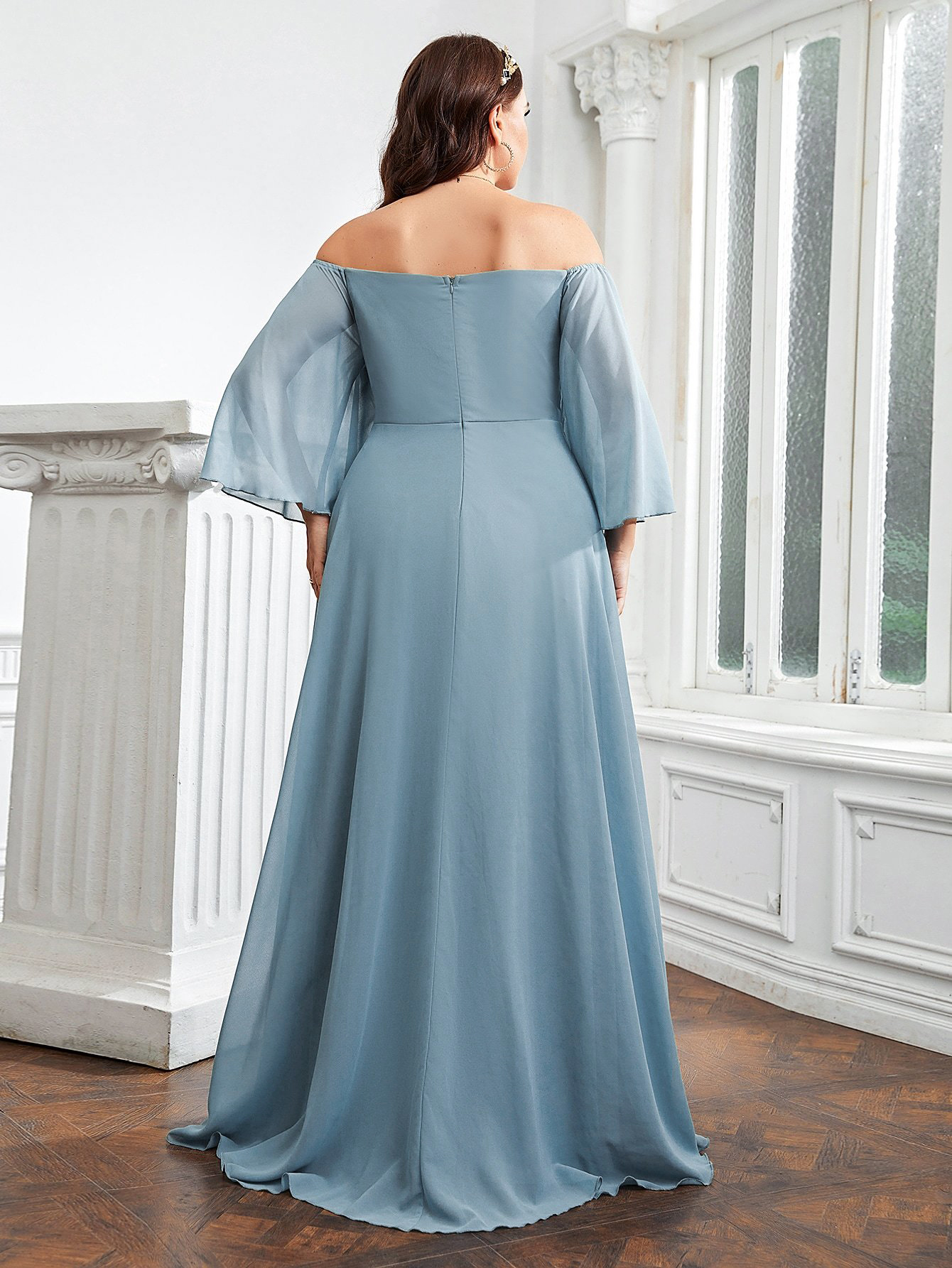 Plus Size Hochzeitsgastkleider Damen Trägerlos Applikation Langarm Elegante Partykleider Mode Einfarbiges Abendkleid