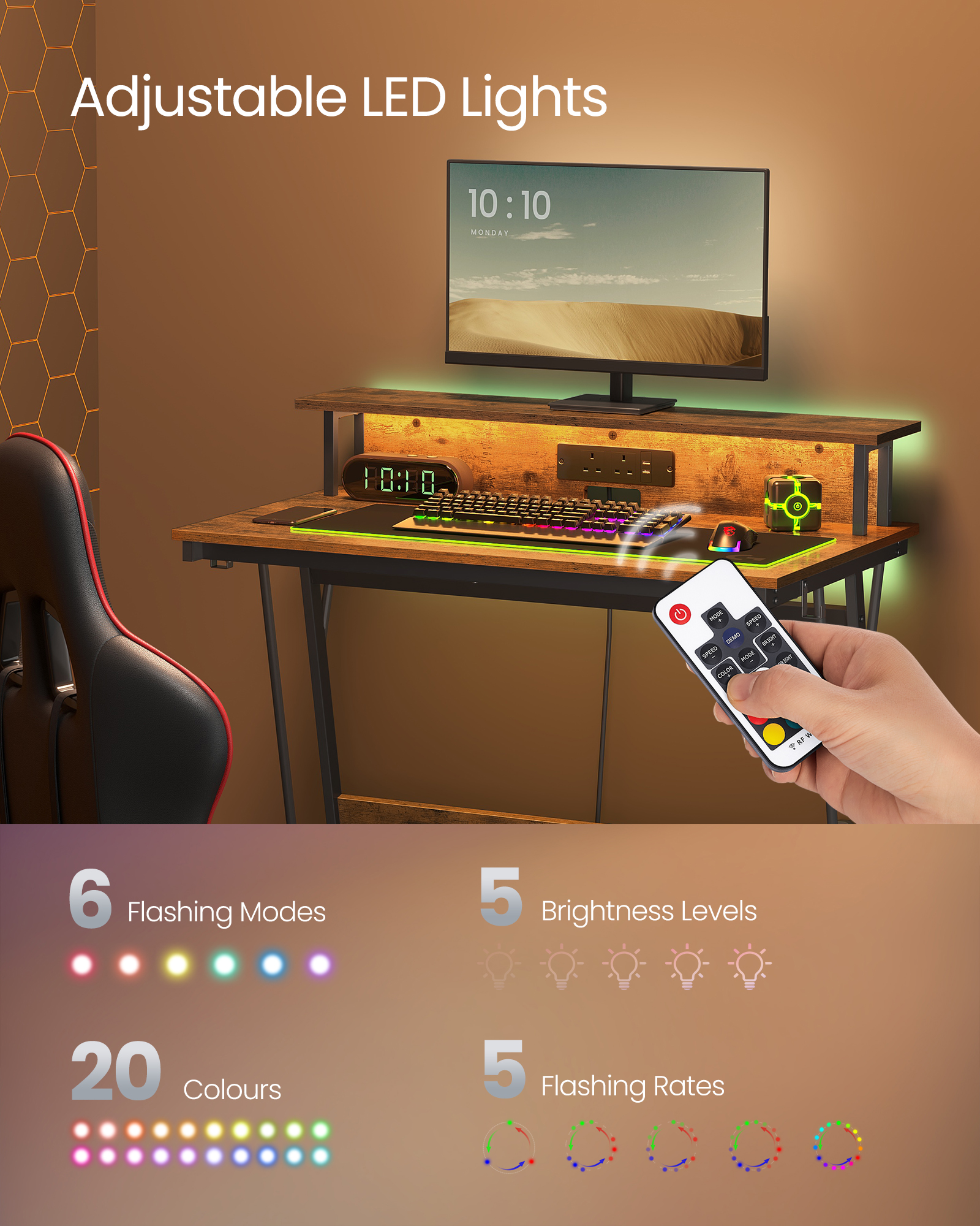 Gaming Desk with LED Lights and Built-In Power Outlets, Computer Desk with Monitor Shelf, 60 x 100 x 76 cm