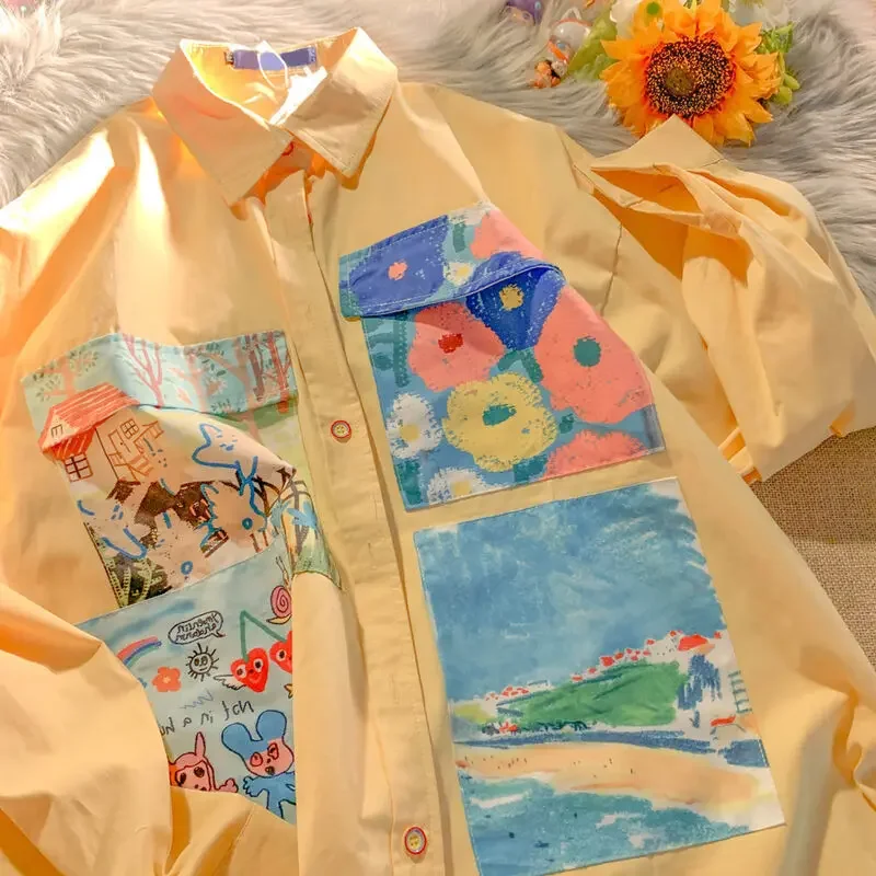 Amarelo pintura a óleo impressão camisas femininas primavera outono fino solto botão acima blusas de manga comprida camisa oversize para meninas adolescentes