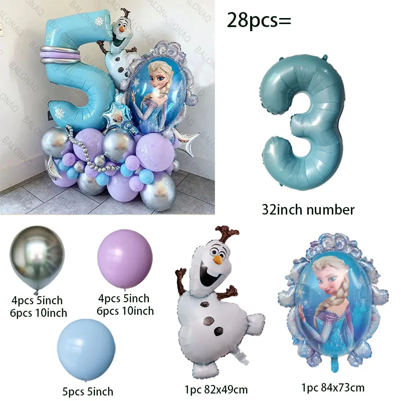 28pcs 냉동 호일 풍선 세트 엘사 공주 만화 테마 파티 장식 소녀 생일 베이비 샤워 웨딩 파티 용품