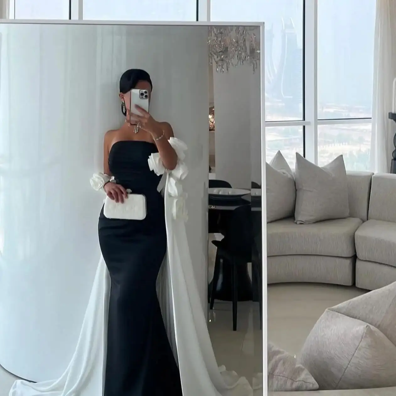 AsaNagi Elegant สีดําพรหมชุดผู้หญิงที่ไม่มีสายหนัง 3D ดอกไม้ชุดราตรีความยาวชั้นที่กําหนดเองชุดพิเศษ