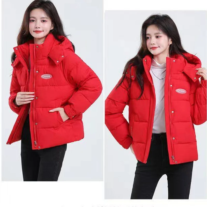 Mulheres coreano grosso quente para baixo algodão puffer jaqueta manga longa com capuz parka casaco de inverno bolsos sólido plus size solto casaco