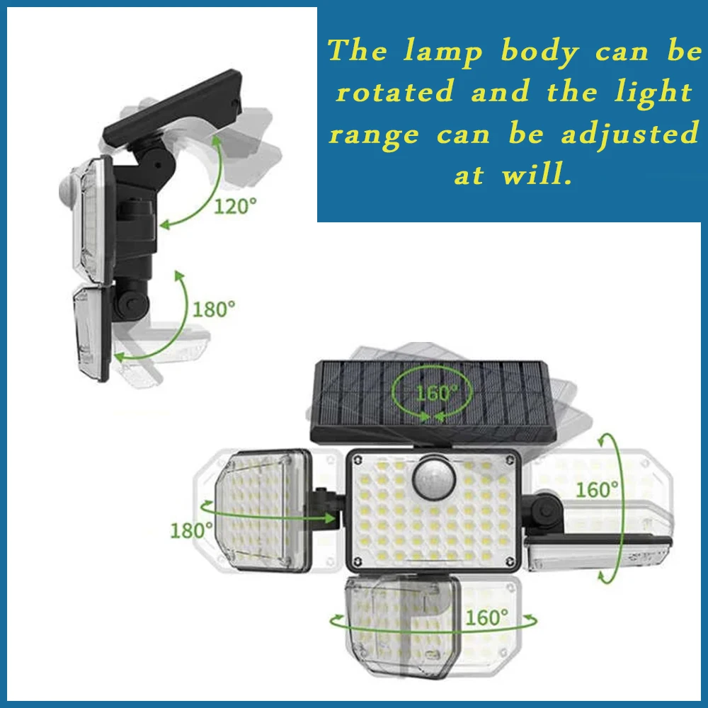 1 PACK Outdoor Motion Sensor Lamp, 4-Head Solar Power Light, 122 LED Solar Light, Flood Lights ,3000 Lumens,270° Lighting  Range