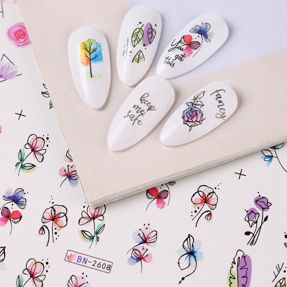 12 pçs tinta flores arte do prego adesivo verão decalque de água florescendo flores folhas graffiti slider decoração do prego folhas tatuagem