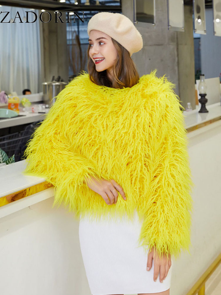 ZADORIN カラフルな自由奔放に生きる毛皮のようなフェイクファーコート女性の毛皮のコート秋冬ピンク白シャギーフェイクファージャケットトップスフェスティバル服