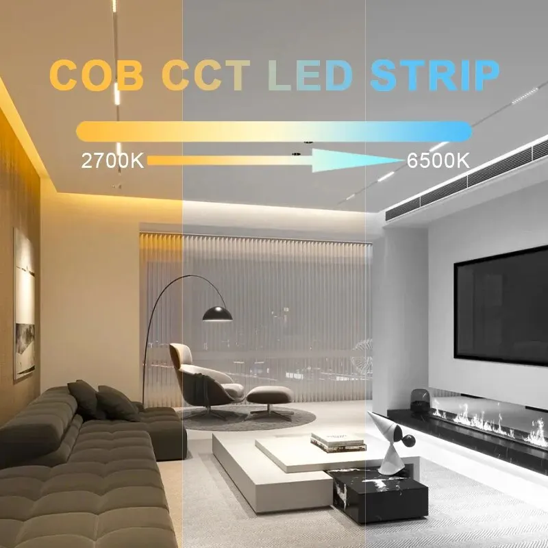 UL-gelistetes COB-CCT-LED-Streifenlicht, 2700 K bis 6500 K, wechselbar, 608 LEDs/m, flexibel, RA90, dimmbar, FOB-LED-Linearlichter, DC12 V, 24 V