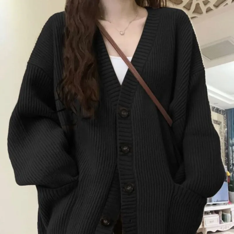 หลวมเสื้อสเวตเตอร์ถักผู้หญิงแขนยาว V คอถักสีดํา Slouchy All-Match หญิงฤดูใบไม้ร่วงฤดูหนาวเสื้อเกาหลีสไตล์ Chic Baggy เสื้อ
