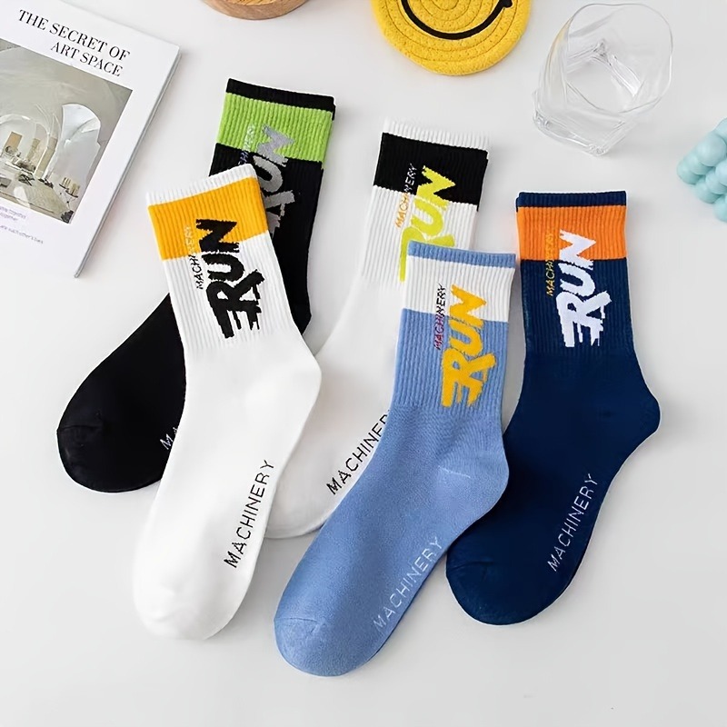 5 Pairs Of Men's Trendy Creative Letter Pattern Color Block Crew Socks, Breathable Comfy Casual Unisex Socks For Men's Outdoor