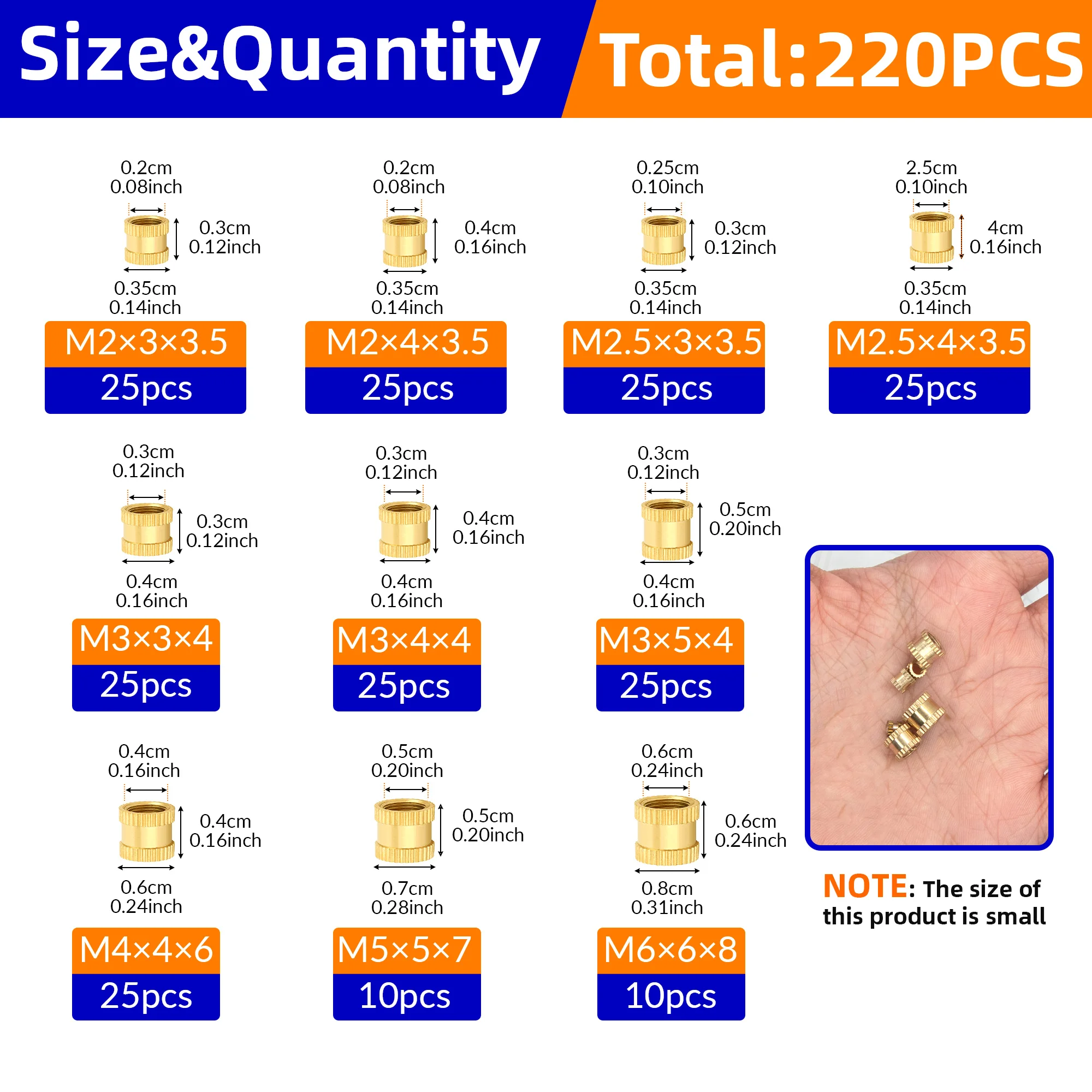 220 Stück M2 – M6 Messing-Wärmeeinsatzmuttern für 3D-Drucker. Gerändelte, doppelt - Twill-Fäden. Ideal für Hot-Melt-Einbettung.