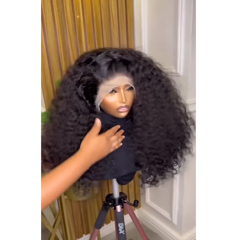 Peluca de encaje frontal para mujer, pelo de bebé largo y rizado, predesplumado, resistente al calor, color negro azabache, 180 de densidad, 26