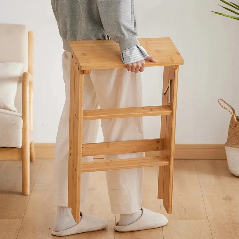 Escalera plegable de madera maciza para el hogar, silla plegable, taburete de madera de escalada engrosado (Color madera Natural)