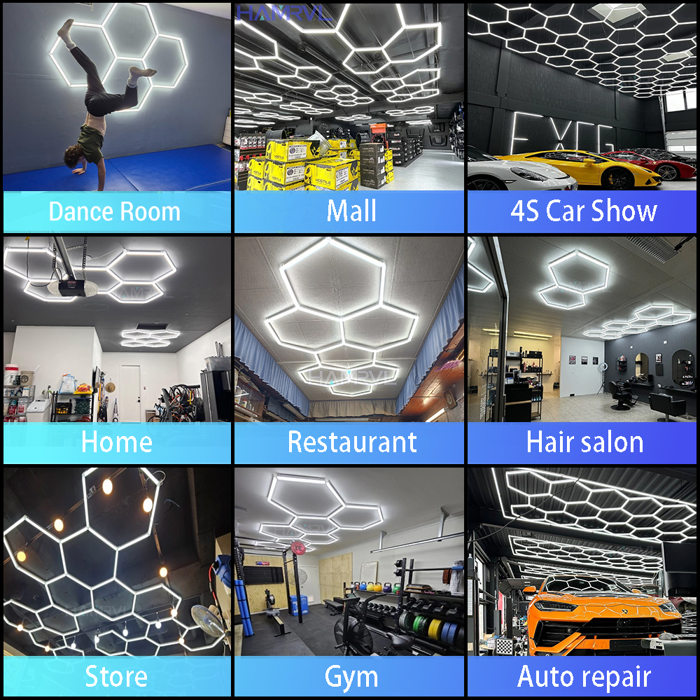 Dimmable Hexagon Garage Lights 3 Color Change 6000K4000K3000K Gym Honeycomb LED Tube Car Detail Workshop Barber Ceiling lighting