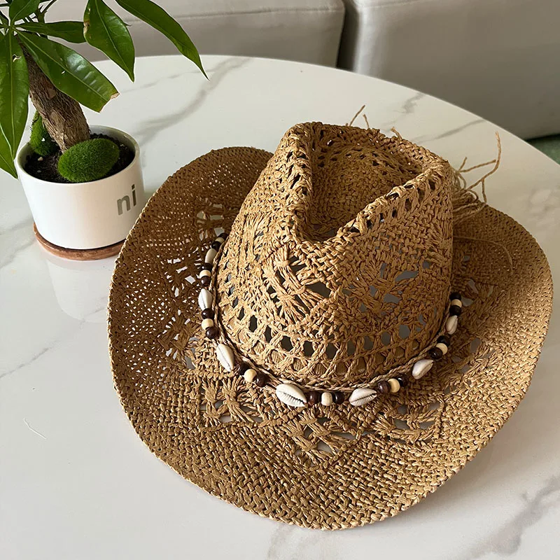 Sombrero de paja de concha bohemia de verano para playa, sombreros de vaquero para hombres y mujeres, cuentas de madera ahuecadas, sombrero de sol de ala ancha occidental, gorra de vacaciones